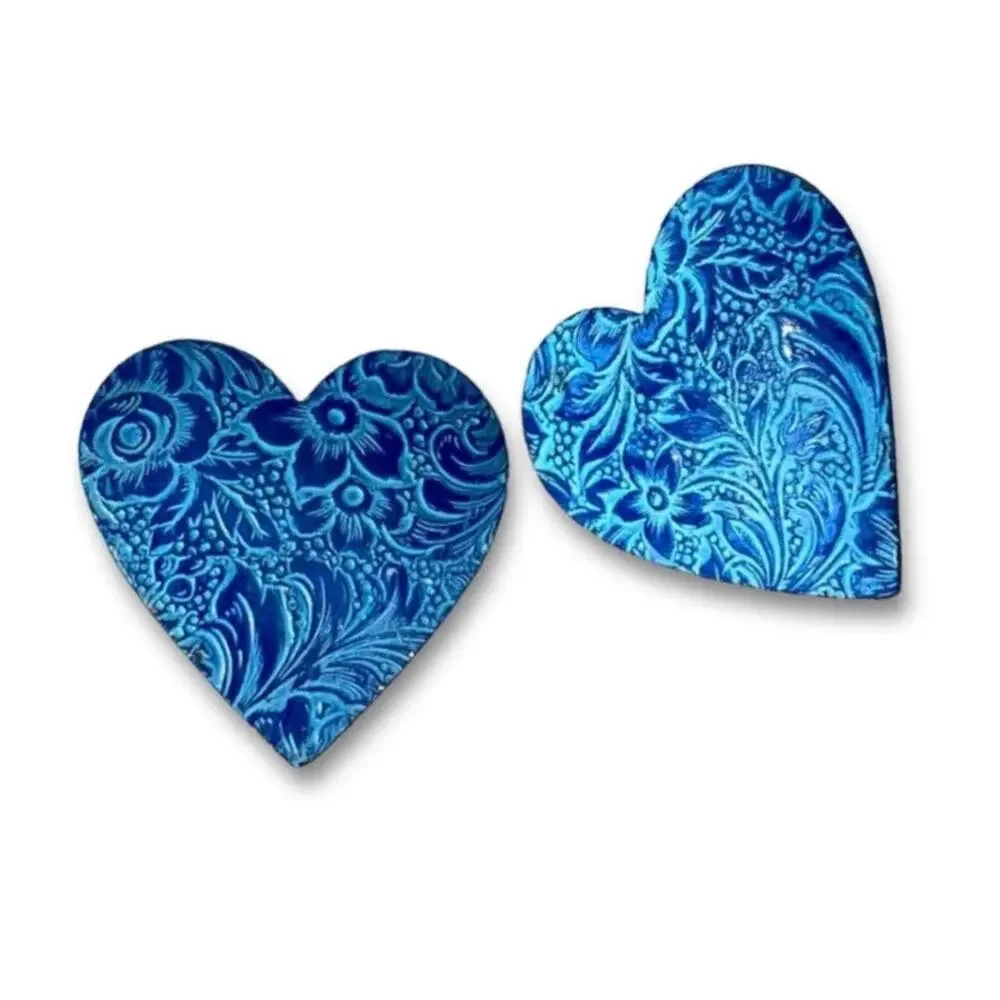 Blue brocade floral patterned heart post earrings